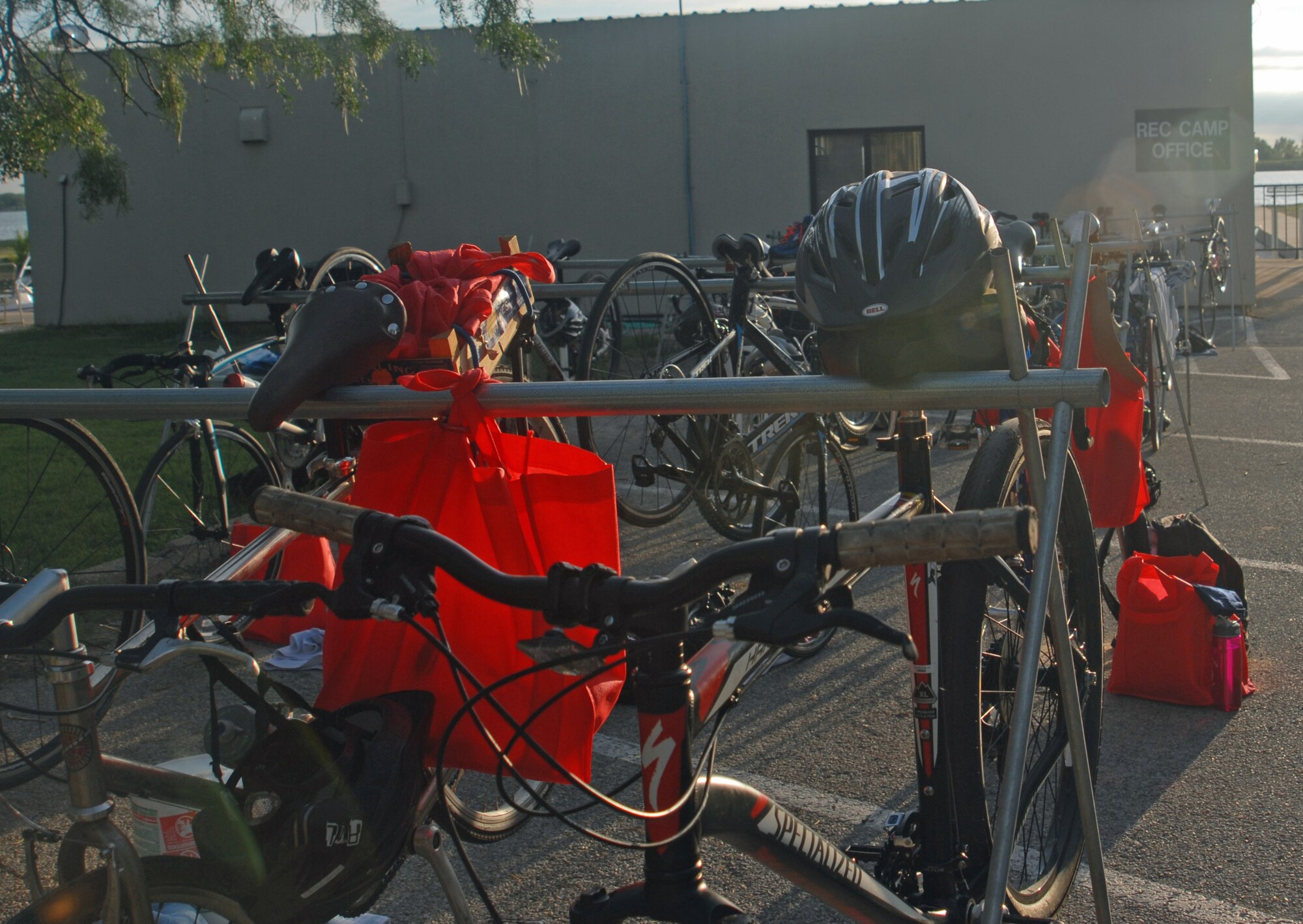 SAN ANGELO, Texas – Mountain and speed bicycles hang on bike racks for the 2013 Annual Triathlon at Goodfellow Recreation Camp July 27. The triathlon included a 400-meter swim, 20-kilometer bicycle ride and a 5-kilometer run. (U.S. Air Force photo/ Airman 1st Class Breonna Veal)