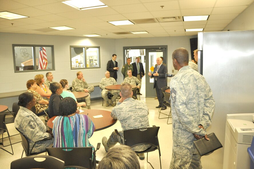 Senator Ben Cardin (D- Md.) visits the 459th Air Refueling Wing here as part of his base-wide visit to Joint Base Andrews, Md., July 29, 2013 . Cardin met with wing leadership and other civilian and military members of the wing to discuss sequestration and its effects on wing personnel.  (U.S. Air Force photo/ Capt. Tim Smith)