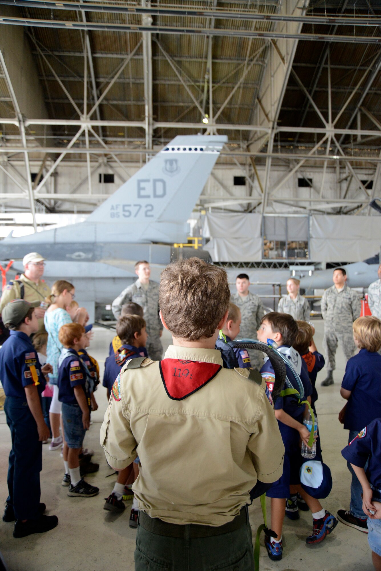 Cub Scout Pack 119, from Santa Clarita, Calif., visits the F-16 Shadow Fleet for a close-up of the aircraft and a chance to interact with Airmen that maintain it. (U.S. Air Force photo by Rebecca Amber)