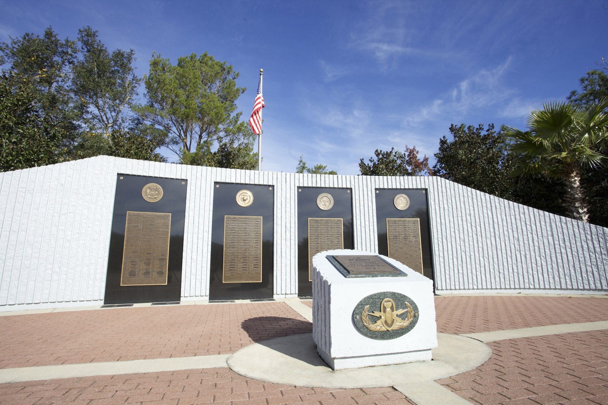 EGLIN AIR FORCE BASE, Fla. -- The care of the EOD Memorial Wall at Eglin is one of the EOD Warrior Foundation’s most sacred missions. Currently, the wall displays 298 names of EOD warriors killed since World War II. Each May, names of EOD warriors killed in action during the past year are added during a memorial service and the foundation provides travel expenses for the families of those being memorialized. The organization has also created a virtual memorial of EOD killed since 9/11 on their website. (U.S. Air Force photo/Eddie Green)