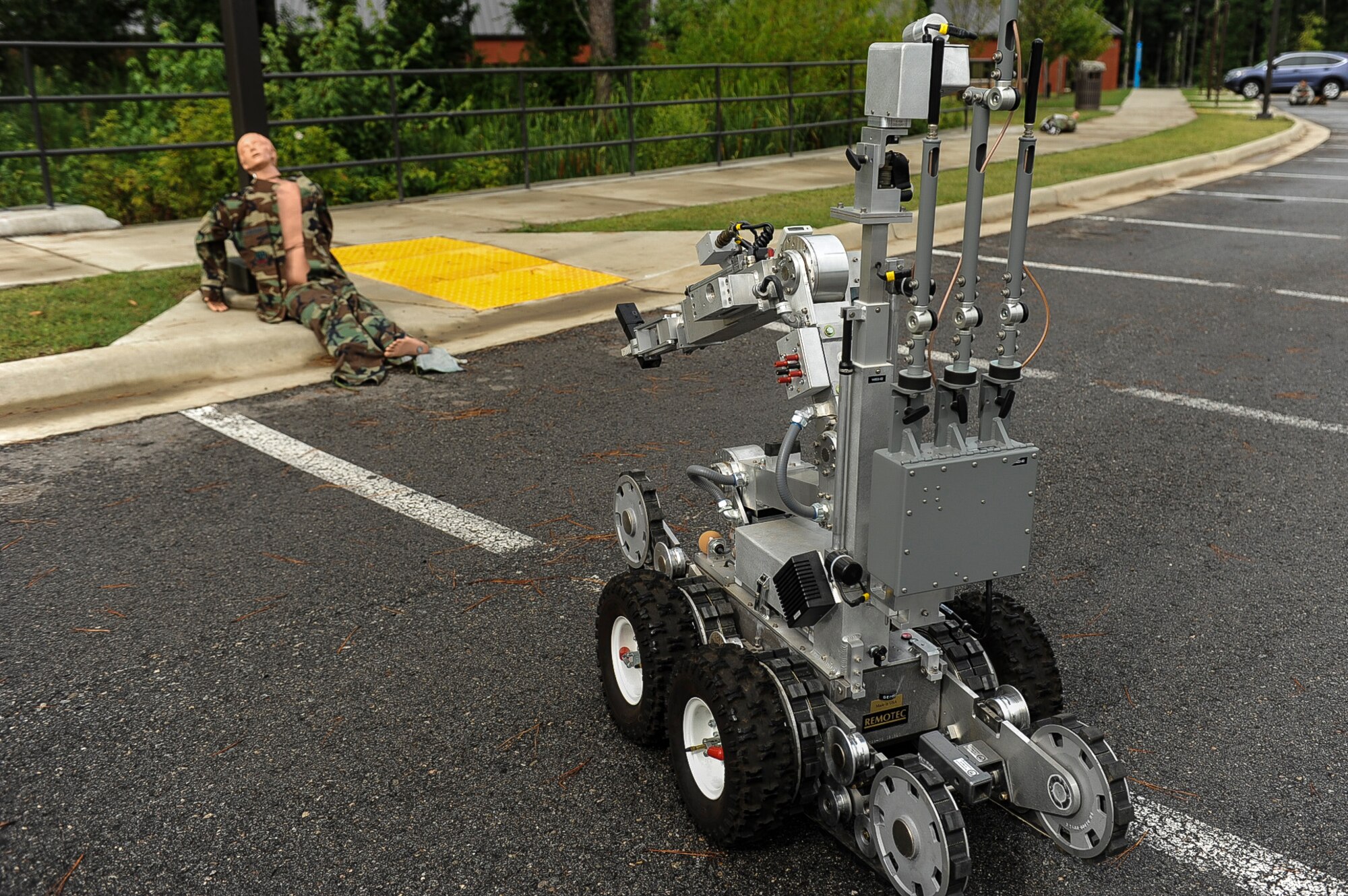 An explosive ordinance device robot performs reconnaissance after a simulated detonation during a Major Accident Response Exercise July 24, 2013, at Little Rock Air Force Base, Ark. The purpose of the MARE was to test the response of the bases and the city of Jacksonville’s first responders. (U.S. Air Force photo by Airman 1st Class Cliffton Dolezal)
