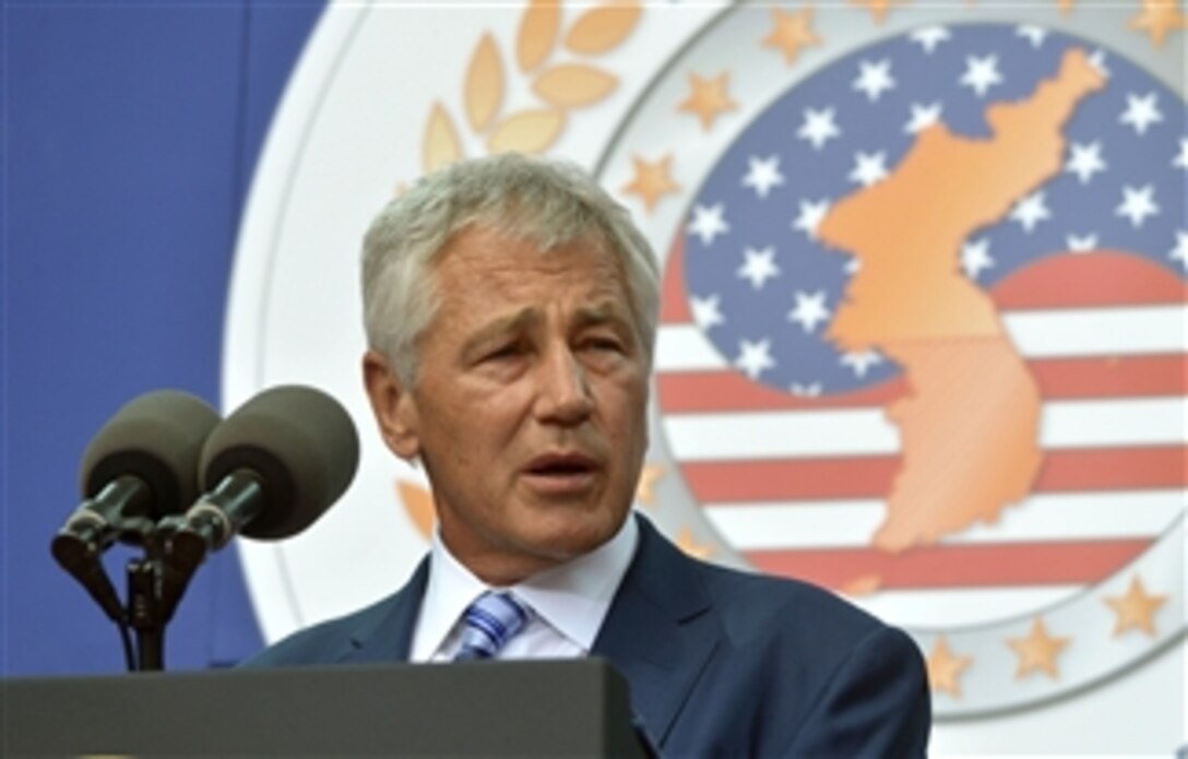 Secretary of Defense Chuck Hagel addresses the audience at the ceremony to mark the 60th anniversary of the suspension of the 1950-1953 Korean War at the Korean War Memorial in Washington, D.C., on July 27, 2013.  Hagel joined President Barack Obama in honoring the veterans of the Korean War.  