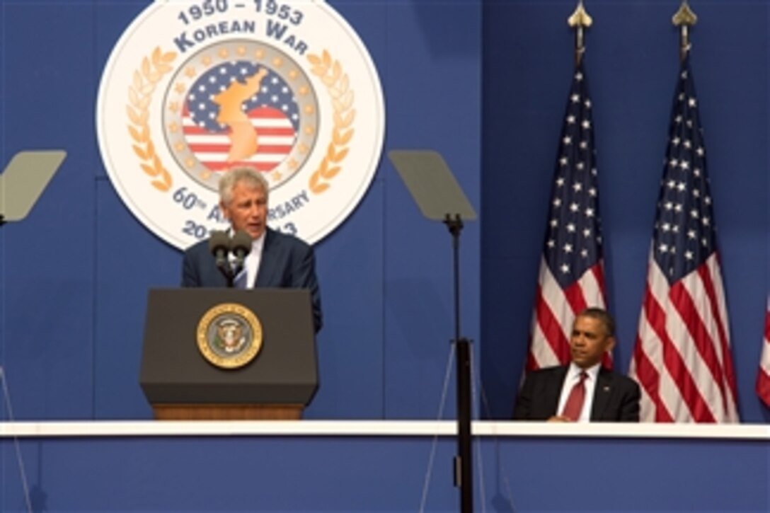 Secretary of Defense Chuck Hagel speaks during the ceremony to mark the 60th anniversary of the suspension of the 1950-1953 Korean War at the Korean War Memorial in Washington, D.C., on July 27, 2013.  Hagel joined President Barack Obama in honoring the veterans of the Korean War.  