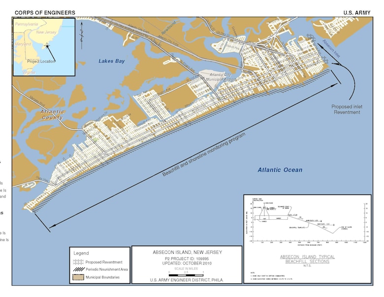 The Brigantine Inlet to Great Egg Harbor Inlet, Absecon Island project provides flood and coastal storm damage reduction along Absecon Island, NJ. 