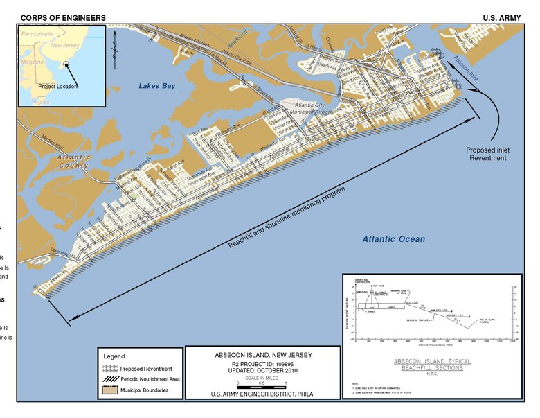 The Brigantine Inlet to Great Egg Harbor Inlet, Absecon Island project provides flood and coastal storm damage reduction along Absecon Island, NJ. 