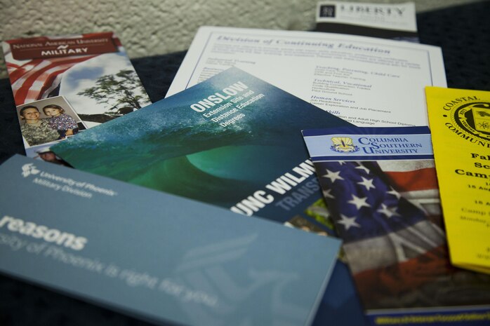 College pamphlets are laid out on a table for anyone to read at the Education Center aboard Marine Corps Base Camp Lejeune, July 30.  Service members can now apply for tuitions assistance online through webTA.