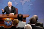 Defense Secretary Robert M. Gates responds to a reporter's question during a press conference at the Pentagon, March 18, 2009. Gates announced a comprehensive plan to eliminate the current use of "stop-loss" policy while retaining the authority for future use under extraordinary circumstances.