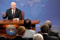 Defense Secretary Robert M. Gates responds to a reporter's question during a press conference at the Pentagon, March 18, 2009. Gates announced a comprehensive plan to eliminate the current use of "stop-loss" policy while retaining the authority for future use under extraordinary circumstances.