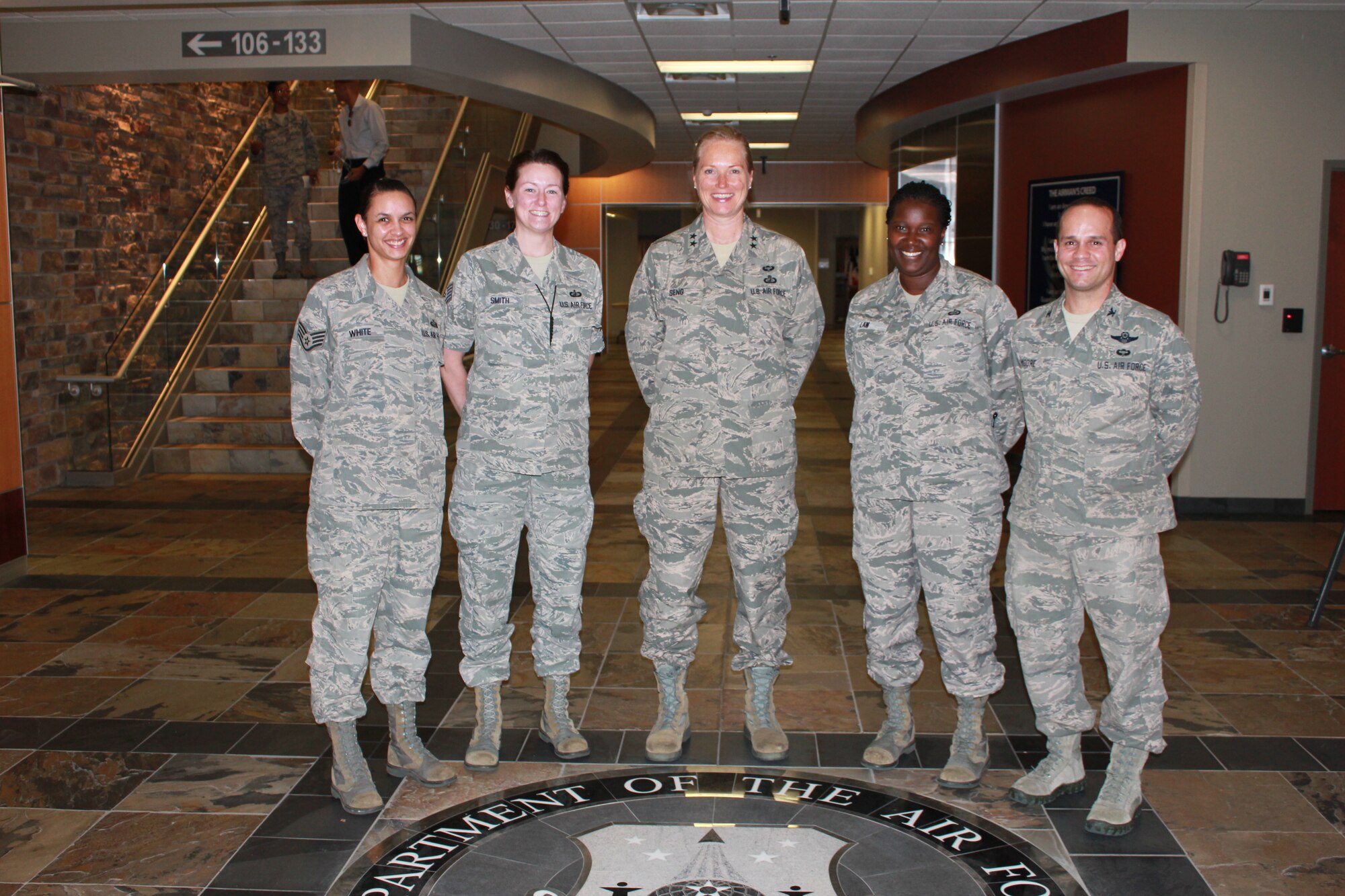 While at ARPC, Maj. Gen. Jocelyn Seng met with the Readiness Management Group, Detachment 29 staff and thanked them for their work. These Airmen provide administration support, oversee readiness, and process orders for the general and 111 other mobilization assistants. Seng is the mobilization assistant to the commander, Air University, Maxwell AFB, Ala. Pictured from left to right are Staff Sgt. Janina Eva White, Tech. Sgt. Bridget Smith, Maj. Gen. Jocelyn Seng, Master Sgt. Murjani Law, and Col. Jeff Moore. (U.S. Air Force photo/Lt. Col. Belinda Petersen)
