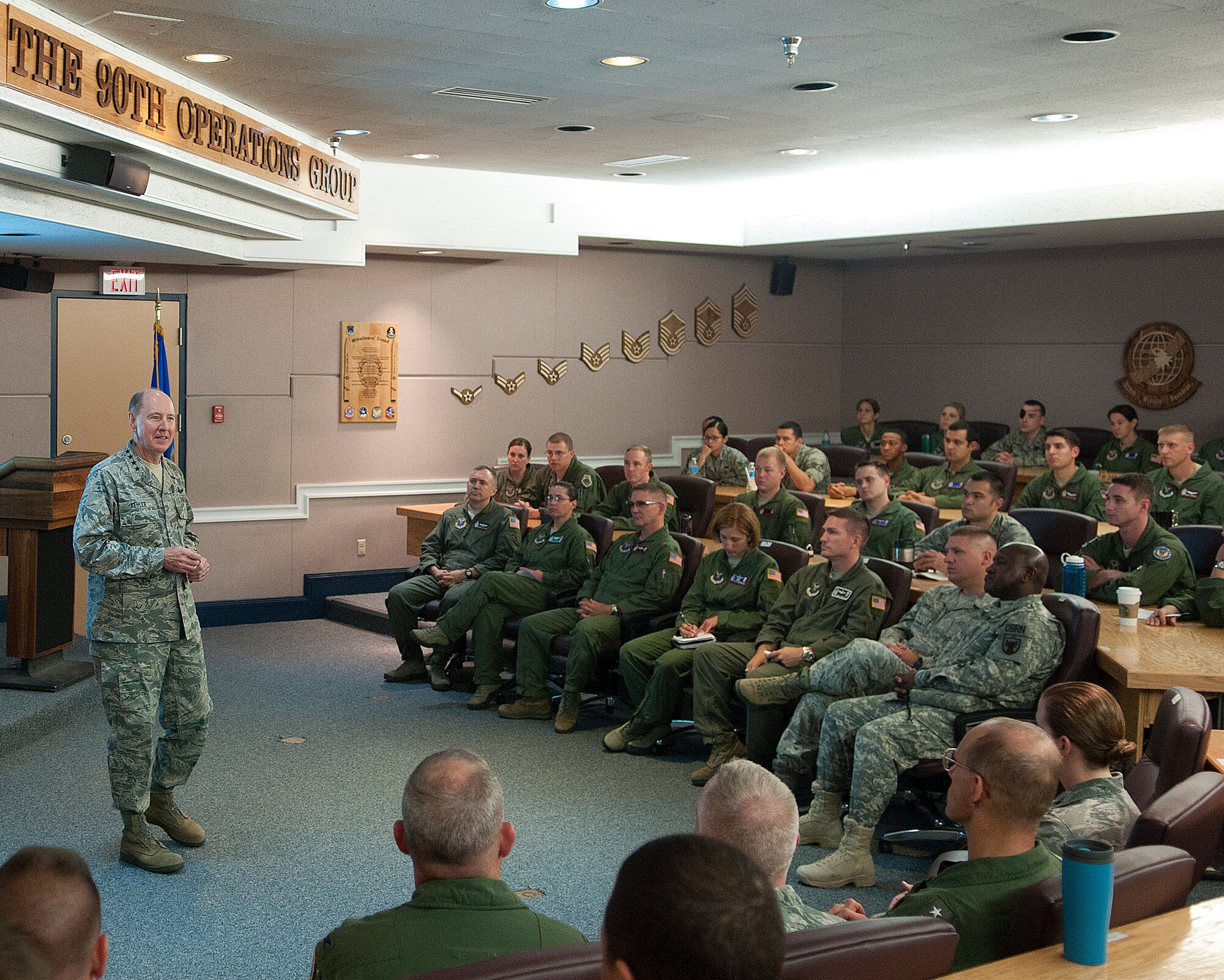 Gen. C. Robert Kehler, U.S. Strategic Command commander, addresses 90th Operations Group missile crew members on F.E. Warren Air Force Base, Wyo., July 30, 2013, prior to their departure out to the field. Kehler stressed the importance of their jobs and the confidence the national command structure has in their abilities. (U.S. Air Force photo by R.J. Oriez)