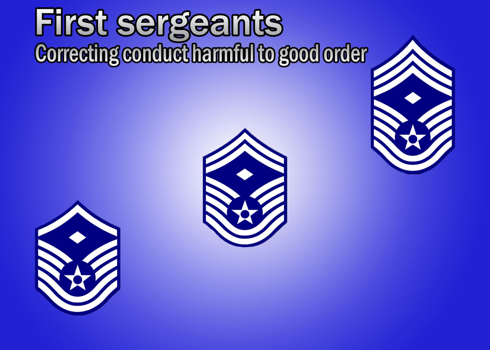 In the U.S. Air Force, the rank of first sergeant is a special duty held by a senior enlisted member of a military unit who reports directly to the unit commander. First sergeants have an obligation to ensure their unit is mission ready at all times and correcting behavior harmful to good order and discipline plays an integral role in maintaining that readiness. (U.S. Air Force graphic/Airman Ryan Conroy) 