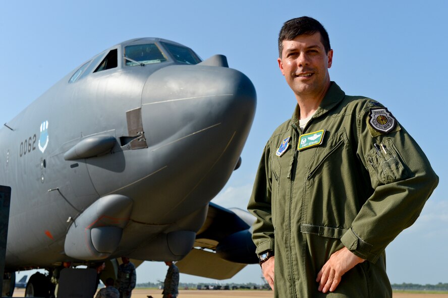 Col. Andrew Gebara, 2nd Bomb Wing commander, stands in front of a B-52H Stratofortress on Barksdale Air Force Base, La., July 29, 2013. Exactly 20 years ago, Gebara took his first flight in a B-52. Since then, he has accrued more than 3,400 flight hours. (U.S. Air Force photo/Senior Airman Micaiah Anthony)