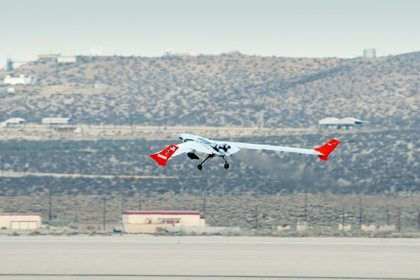 The X-56A Multi-Utility Technology Testbed takes off on its inaugural flight July 26 at Edwards AFB, Calif.  The unmanned aircraft is designed to study active aeroelastic control technologies such as active flutter suppression and gust load alleviation.   (NASA photo by Kenneth E. Ulbrich)