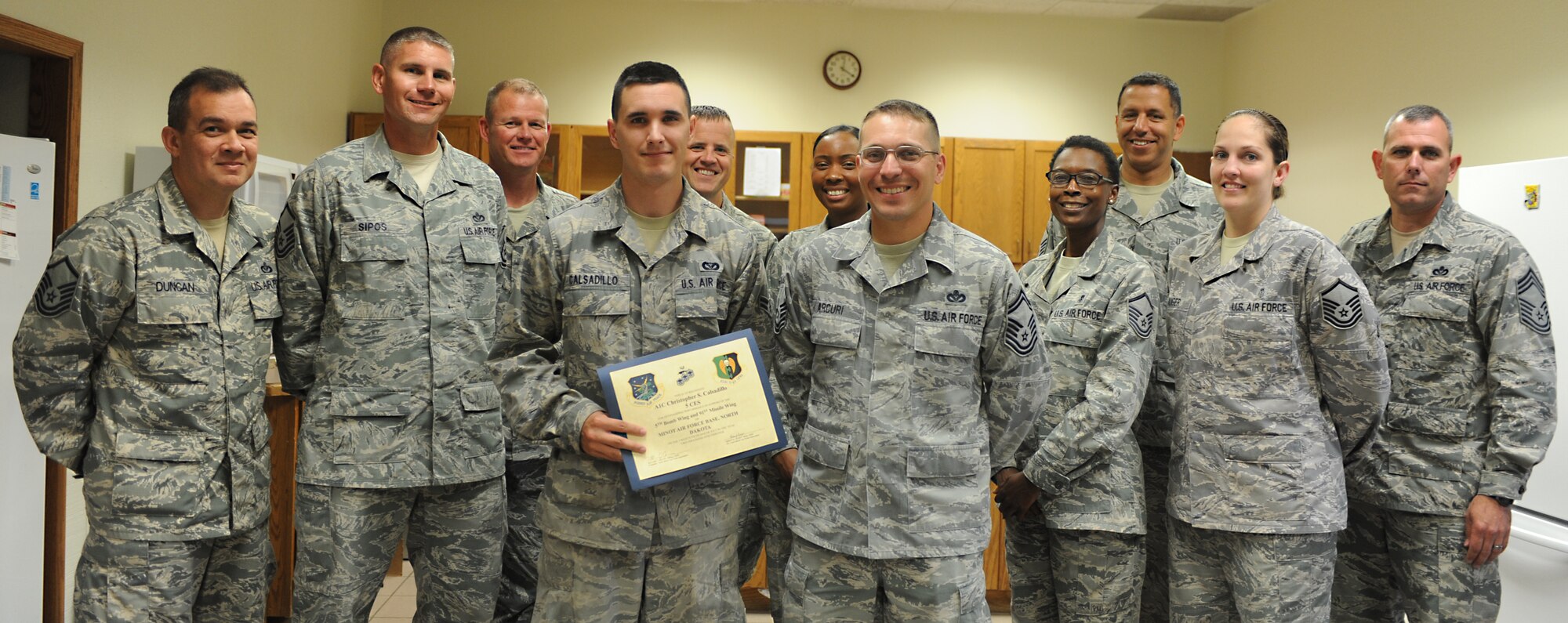 Minot Air Force Base’s Top-3 would like to recognize Airman 1st Class Christopher Calsadillo, assigned to the 5th Civil Engineer Squadron, for his commitment to his squadron and the overall mission of the base.  His display of professionalism and excellence went above and beyond while supporting all duties bestowed upon him. (U.S. Air Force photo/Airman 1st Class Stephanie Ashley) 