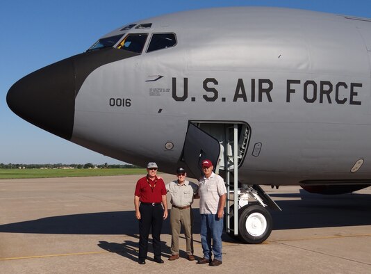 Retired Chief Master Sgt. Hank Dougherty, center, was reunited recently with this KC-135 Stratotanker, which he helped deliver to the Air Force 54 years ago shortly after it came off the assembly line. Accompanying their father for the occasion were sons Darrell Dougherty, left, and Keith Dougherty, right, of the 72nd Logistics Readiness Squadron. The tanker, #58-0016, was at Tinker for programmed depot maintenance. (Courtesy photo)