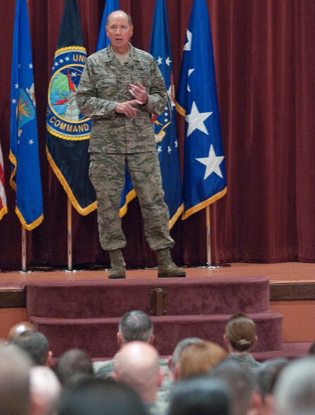 Gen. C. Robert Kehler, U.S. Strategic Command commander, addresses Airmen of the 90th Missile Wing during an all call in the F.E. Warren Air Force Base, Wyo., theater July 30, 2013. Kehler spoke of the future of the land-based ICBM force and stressed to the members of the Mighty Ninety the importance of their jobs and the confidence the national command structure has in their abilities. (U.S. Air Force photo by R.J. Oriez)