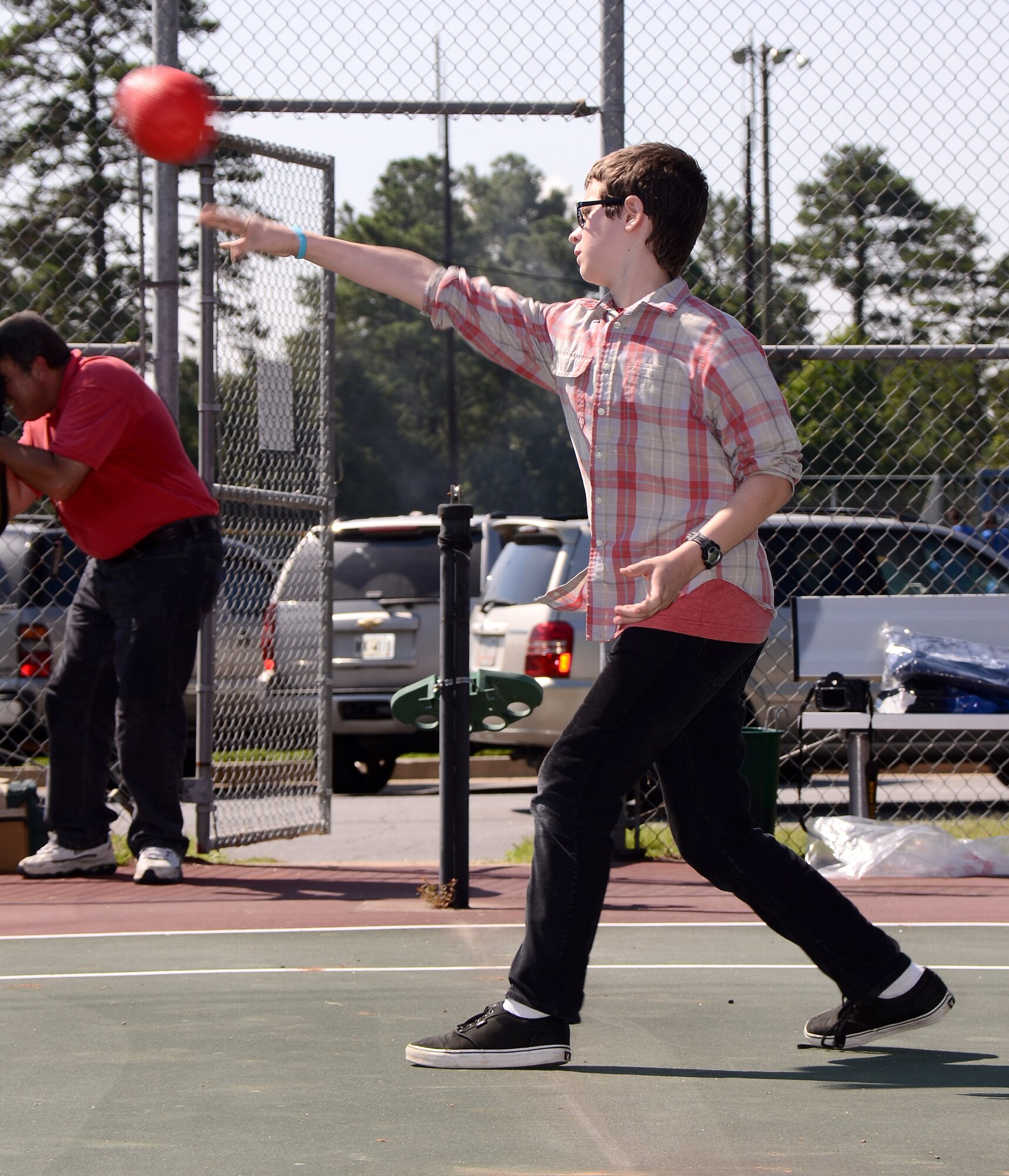 During the Bring your Kid to Work Day held on Dobbins Air Reserve Base, Ga., July 25, the kids of Reservists and Civilian personnel engaged in a game of dodge ball. (U.S. Air Force photo/Brad Fallin)