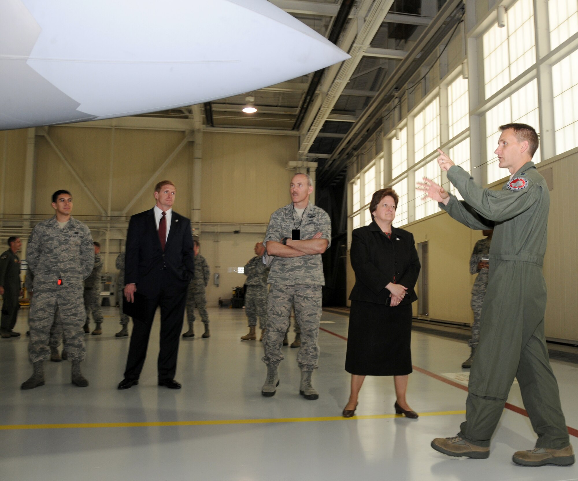 Lt. Col. Daniel J. Potas, 149th Fighter Squadron director of operations, answers a question asked by Virginia Secretary of Public Safety Marla G. Decker about the F-22 Raptor. Decker visted the 192nd Fighter Wing at Langley Air Force base May 28, 2013 and received a guided tour of the unit and its missions. (U.S. Air National Guard photo by Master Sgt. Carlos J. Claudio/Released)