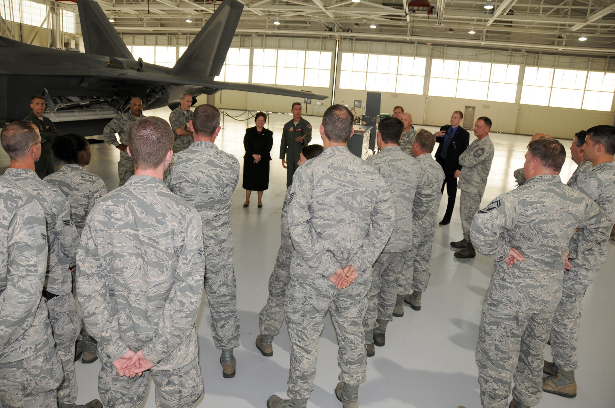 Virginia Secretary of Public Safety Marla G. Decker visited the 192nd Fighter Wing at Langley Air Force base May 28, 2013. During her visit, she interacted with aircraft maintenance crew chiefs who answered her questions about their jobs and the F-22 Raptor. (U.S. Air National Guard photo by Master Sgt. Carlos J. Claudio/Released)
