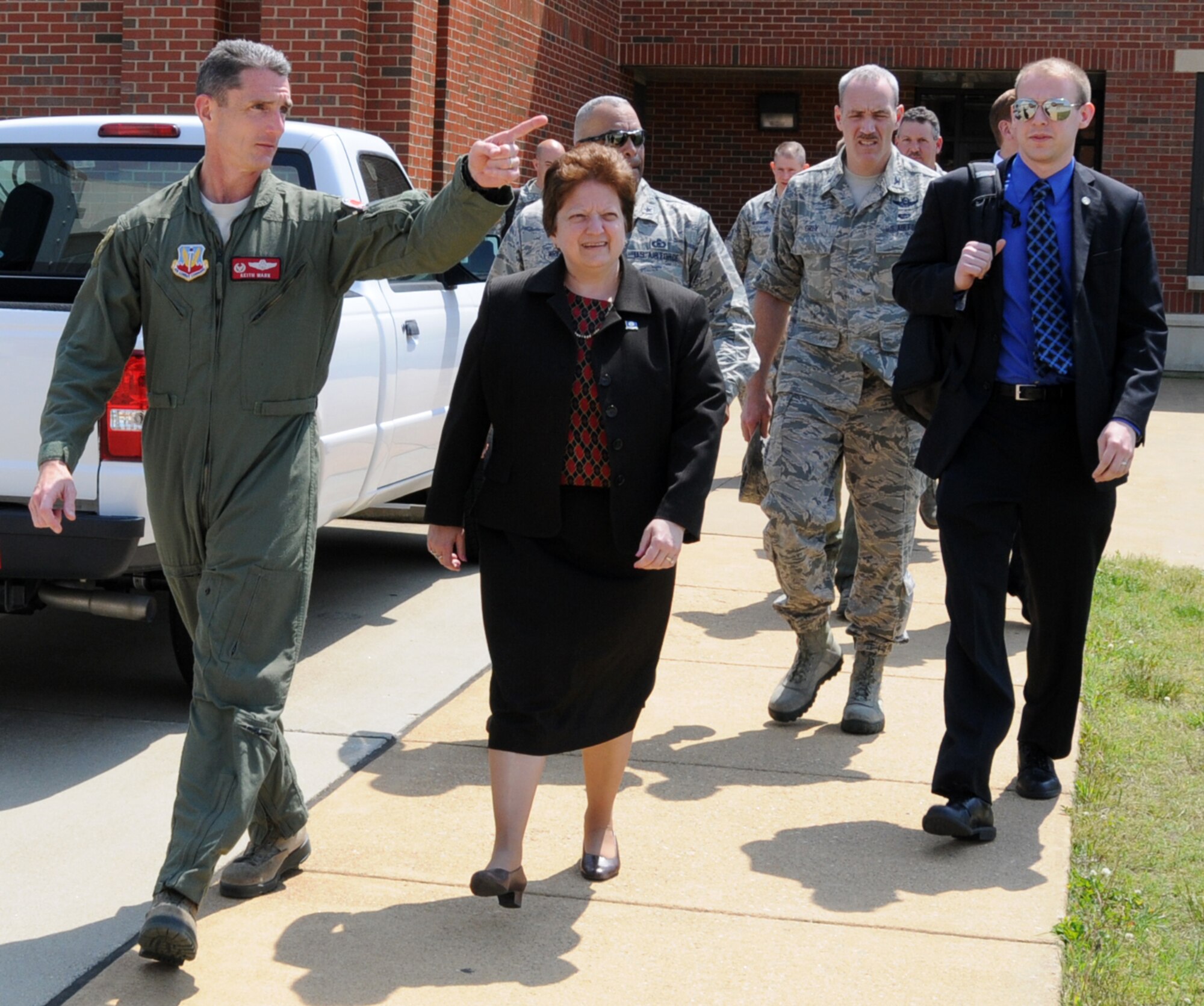 Virginia Secretary of Public Safety Marla G. Decker received a guided tour of the 192nd Fighter Wing May 28, 2013. Col. Keith Wark (left), 192nd FW commander, briefed Decker on the capabilities of the F-22 Raptor during her tour. (U.S. Air National Guard photo by Master Sgt. Carlos J. Claudio/Released)