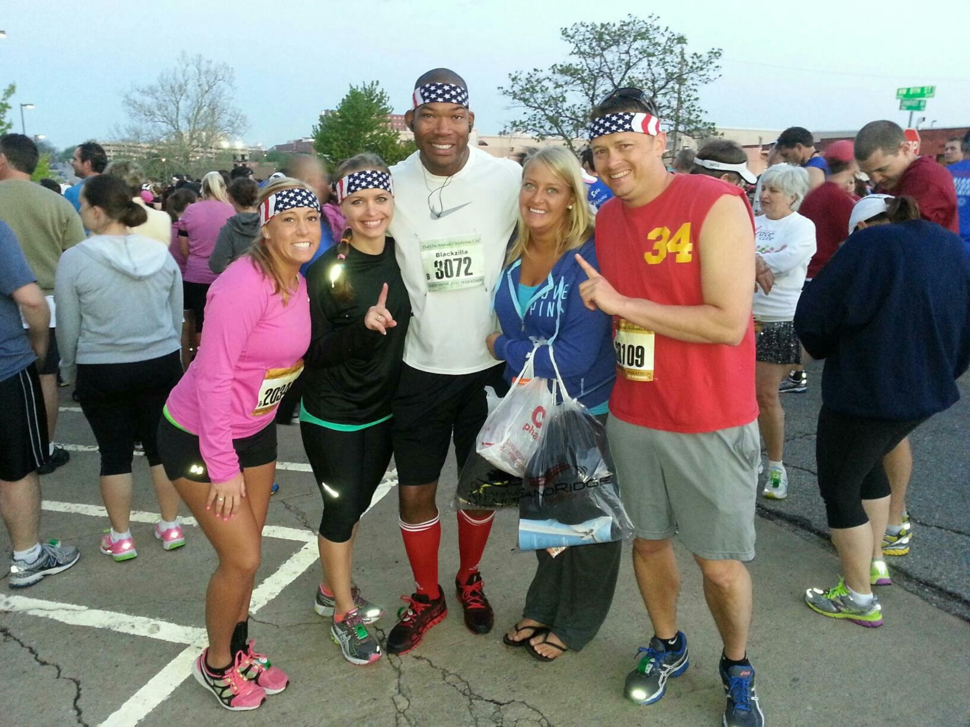 Master Sgt. Jay Harris, 970th Airborne Air Control Squadron, poses with friends and running partners. Pictured left to right: Mandy Kierbow, Barbie VanOrsdel, Jay Harris, Ashley Smith and Shawn Kilbourne. (U.S. Air Force photo by Staff Sgt. Caleb Wanzer)