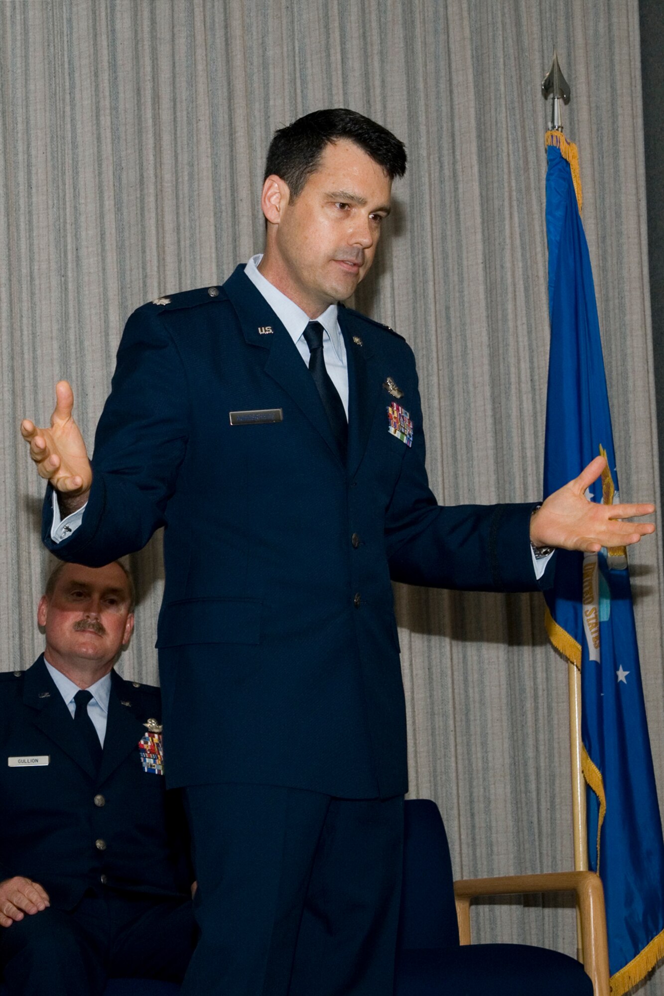 GRISSOM AIR RESERVE BASE, Ind. -- Lt. Col. Erik Aufderheide, 72nd Air Refueling Squadron commander, speaks to guests at a change of command ceremony here June 1. Aufderheide replaced Lt. Col. Douglas Gullion as the new 72nd ARS commander. (U.S Air Force photo/Staff Sgt. Andrew McLaughlin)
