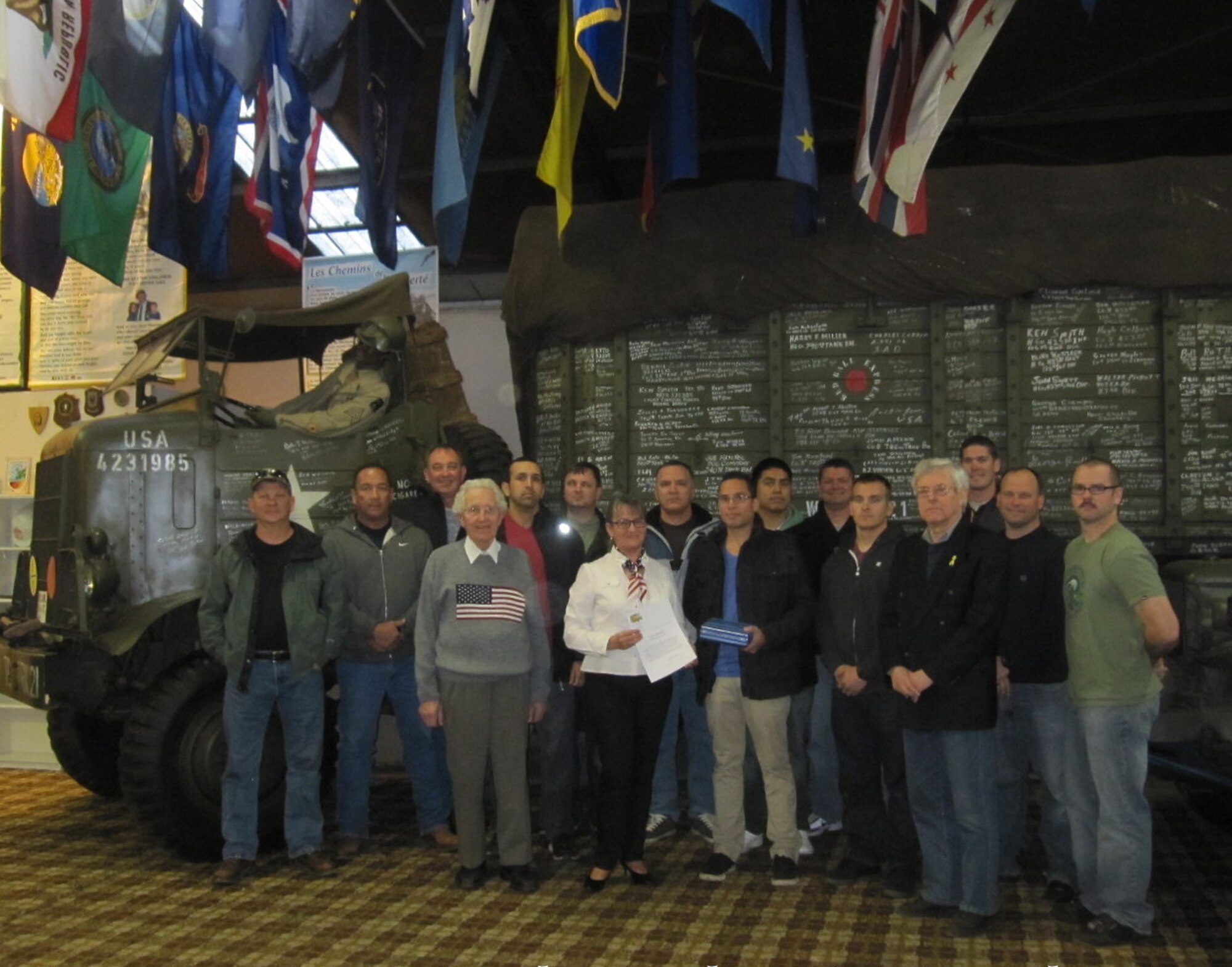 Airman from the 161st Maintenance Group, Phoenix, along with Mathilde and Marcel Schmetz and Tom Esser, visit the Memorial Remember Museum 39-45 during a recent deployment to NATO Air Base Geilenkirchen, Germany March 20. The Air National Guard has been supporting NATO air refueling operations at NATO Air Base Geilenkirchen, Germany since January, 1993. (Courtesy Photo)