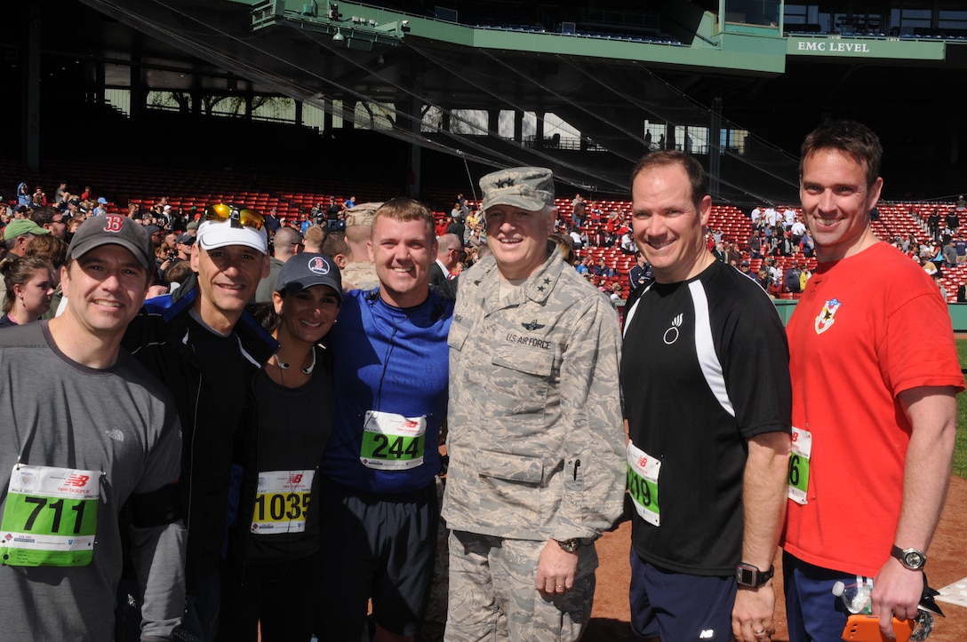 Members of the 104th Fighter wing stand with Maj. Gen. L. Scott Rice, The Adjutant General– Mass. after completing the Run to Home Base at Fenway Park in Boston.  The event raises funds for identifying, motivating, and clinically treating wounded service members and veterans with combat stress and traumatic brain injuries, and helping their families.
