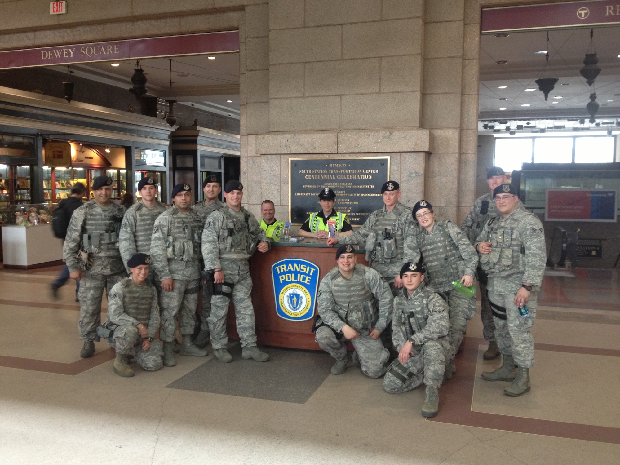 Members of the 104th Fighter Wing, Mass. Air National Guard Security Forces, assist the Boston Transit Police directly after the Boston Marathon Bombing April 15, 2013.
