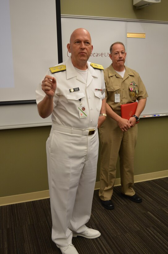 Rear Adm. Charles Harr, deputy medical officer for reserve affairs, speaks to the annual Marine Forces Reserve Surgeons Meeting May 17 at the Marine Corps Support Facility here. The surgeons meeting is a prime opportunity to recruiting, developing, and retaining critically needed medical professionals.