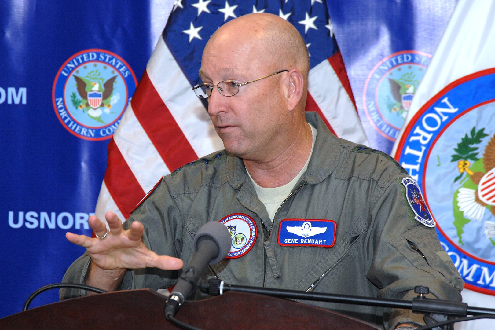 Gen. Gene Renuart briefs reporters on U.S. Northern Command's wildfire support efforts in southern California at an Oct. 23, 2007, press conference at command headquarters at Peterson Air Force Base, Colo. The command is working hard to ensure that the citizens of California get the support they need in a timely fashion, Renuart said. 