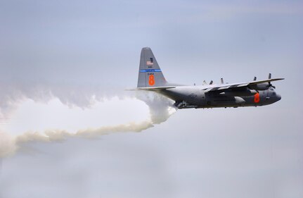 A North Carolina Air National Guard C-130 Modular Airborne Firefighting System (MAFFS) aircraft from the 145th Airlift Wing, Charlotte, N.C., drops water during a mission at the annual MAFFS exercise at Donaldson Center Industrial Air Park in Greenville, S.C., May 4, 2005. 
The MAFFS exercise is a one week annual training and recertification joining air and ground personnel from the Federal Department of Agriculture's Forest Service, U.S. Air National Guard and U.S. Air Force Reserve units. The exercise consists of eight C-130 aircraft that fly continuous missions dropping water on South Carolina’s Sumter National Forest to prepare crews for wild land firefighting missions. 