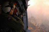 Chief Aviation Electronics Mate (AW/NAC) Rexford Sackett from the "High Rollers" of Helicopter Sea Combat (HSC) Squadron 85 looks from a MH-60S Knighthawk upon miles of burnt terrain along the San Diego County as he and other Sailors from HSC-85 prepare to help fend off the blaze.

The High Rollers provided two MH-60S each specially equiped with a 420 gallon-capacity extinguishing trough used to dump massive amounts of water on San Diego's ongoing fire disaster. 

The dangerous blaze has already forced more than 250,000 people from their homes.


