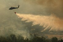 A Navy MH-60S "Seahawk" from the "High Rollers" of Helictoper Sea Combat Squadron (HSC) 85 drops water from a 420-gallon capacity Bambi bucket Tuesday in coordination with civillian fire fighters. 

HSC-85 flew two MH-60S each specially equipped with a Bambi bucket.

U.S. Navy photo by Mass Communication Specialist 2nd Class (SW/AW) Chris Fahey.