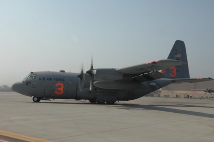 A C-130 turns to taxi at Channel Islands Air National Guard Station, Calif., on Oct. 25, 2007 in support of the California firefighting efforts. The U.S. Air Force Reserve and Air National Guard are participating in the Southern California firefighting effort. 
