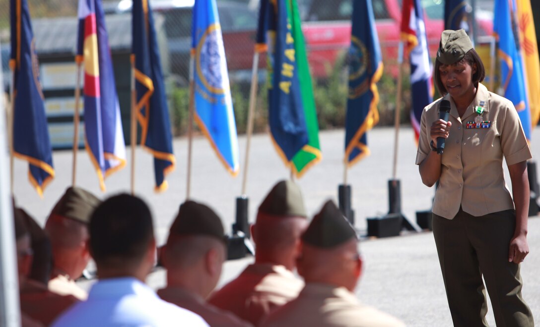 Captain NaTasha M. Everly, outgoing commanding officer, Communications Company, Combat Logistics Regiment 17, 1st Marine Logistics Group, gives a farewell speech during a change of command ceremony aboard Camp Pendleton, Calif., May 31, 2013. Everly, a native of Fayetteville, N.C., reflected on her time spent working with the Communications Company Marines.