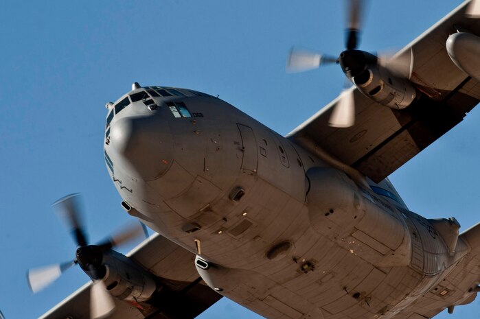 A U.S. Air Force C-130 Hercules from the Texas Air National Guard, departs Nellis Air Force Base, Nev.  to take part in a Joint Forcible Entry exercise May 31, 2013 on the Nevada Test and Training Range north of Las Vegas. The U.S. Army 82nd Airborne Division's 3rd Brigade Combat Team, Fort Bragg, N.C., will combine with USAF Special Tactics Teams, contingency response groups and members of the 820th RED HORSE in the U.S. Air Force Weapons School biannual exercise. (U.S. Air Force photo by Senior Airman Daniel Hughes)