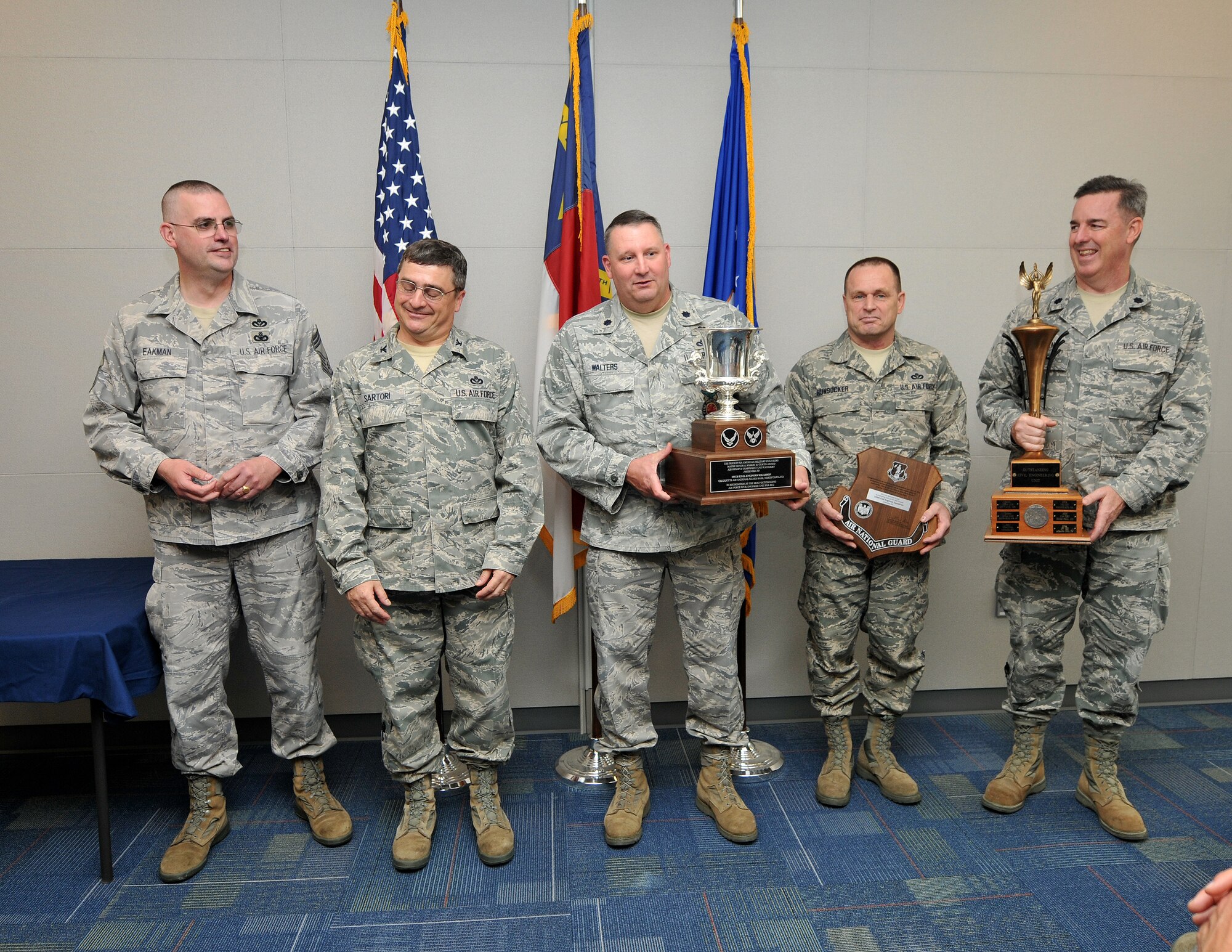 U.S. Air Force Chief Master Sgt. Dan Eakman, ANG Civil Engineer Career Field Manager, and Air Force Col. Peter “Puck” Sartori, Director of Installations and Mission Support and The Civil Engineer for the Air National Guard at Joint Base Andrews, Maryland, with Lt. Col. Greg Walters, 145th CES commander,  Chief Master Sgt. Tom Hunsucker, Regional Training Site Enlisted Manager and Lt. Col. Timothy Moran,145th CE Deputy Commander, after presenting the Society of America Military Engineers Curtain Award for Air Force Outstanding Unit of the Year, the Col. Fredrick J. Riemer Award, for ANG Outstanding Readiness & Emergency Management Flight and  Col. William L. Deneke Award for Outstanding Unit of the Year Award.  These annual awards recognize the best CE squadron from all Air Reserve components in the United States that best demonstrates exemplary performance in support of the engineer readiness mission. The ceremony was held on May 16, 2013, at the North Carolina Air National Guard base in Charlotte, N.C.   (U.S. Air National Guard photo by Tech. Sgt. Patricia Findley/Released)