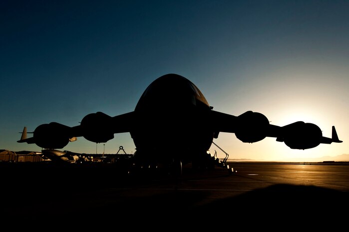 A U.S. Air Force C-17 Globemaster from McChord Air Force Base, Wash., sits on the flightline before taking part in a Joint Forcible Entry exercise May 31, 2013, at Nellis Air Force Base, Nev. U.S. Air Force warfighters will join their Army partners in airdrops over the Nevada Test and Training Range. (U.S. Air Force photo by Senior Airman Daniel Hughes)