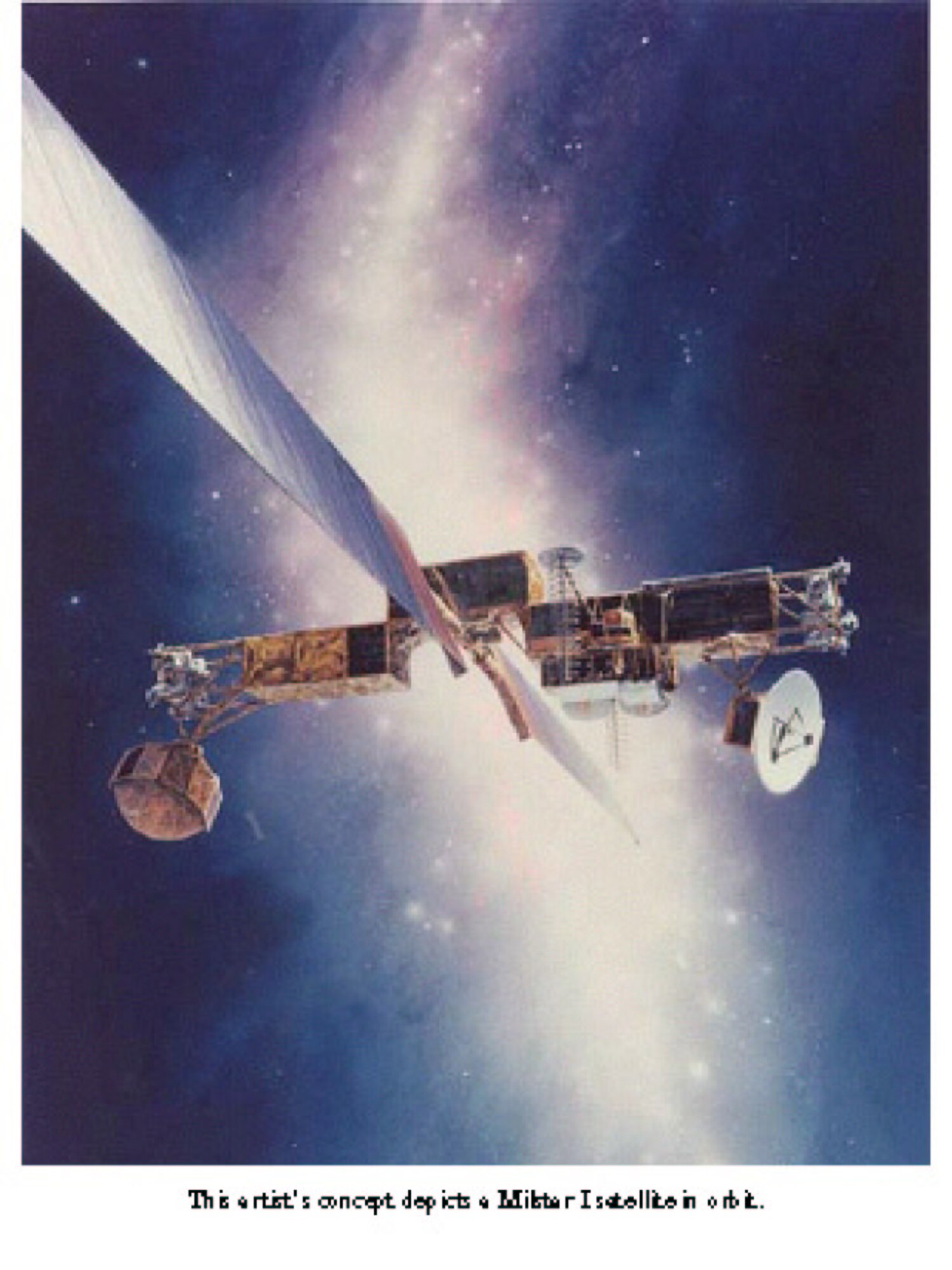 This artist’s concept depicts a Milstar I satellite in orbit. (USAF photo)