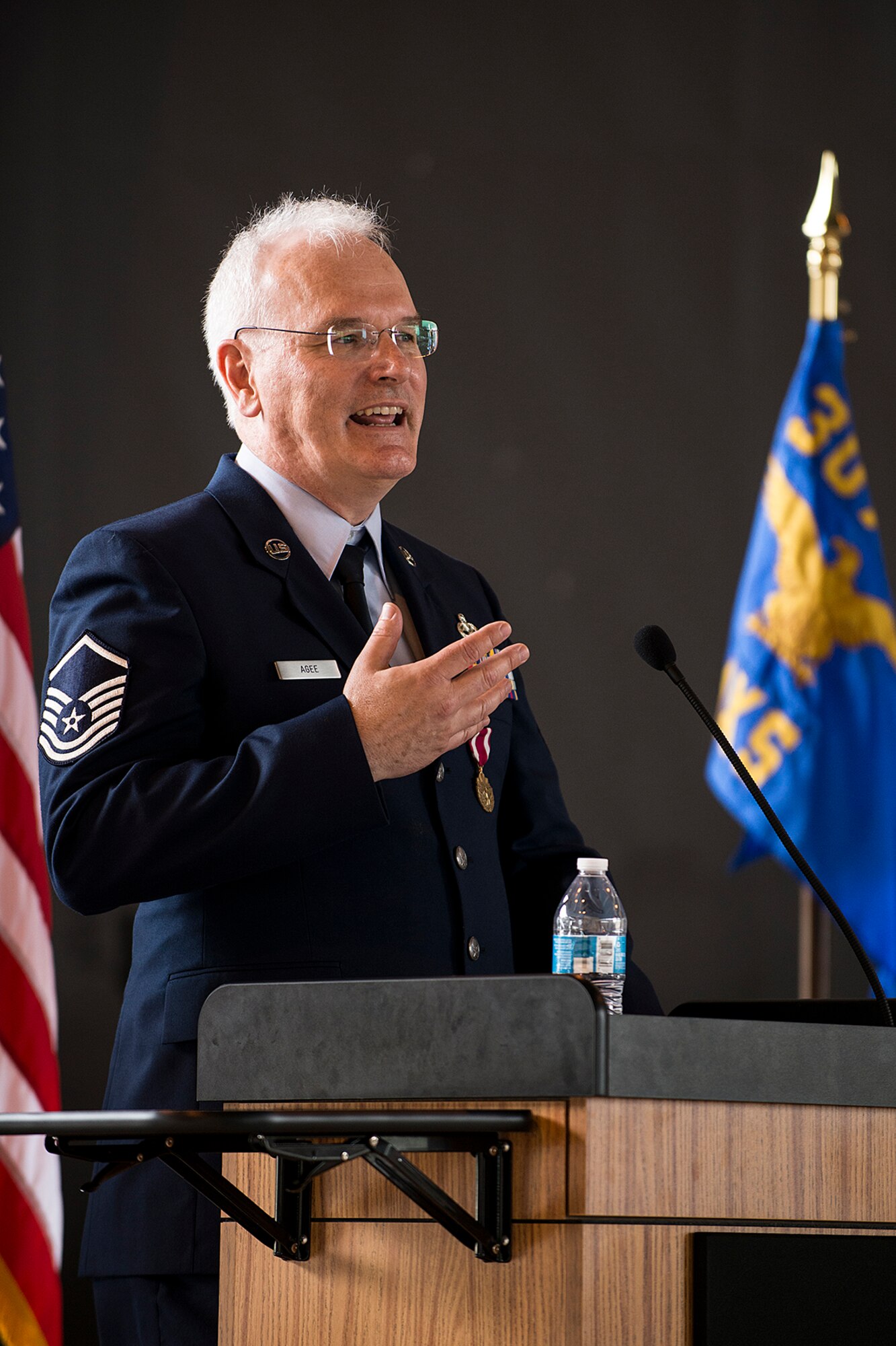 U.S. Air Force Master Sgt. Harold Agee speaks during his retirement ceremony, May 31, 2013, Barksdale Air Force Base, La. Agee is assigned to the 307th Maintenance Squadron and is retiring from the Air Force Reserve after 35 years of service. (U.S. Air Force photo by Master Sgt. Greg Steele/Released)