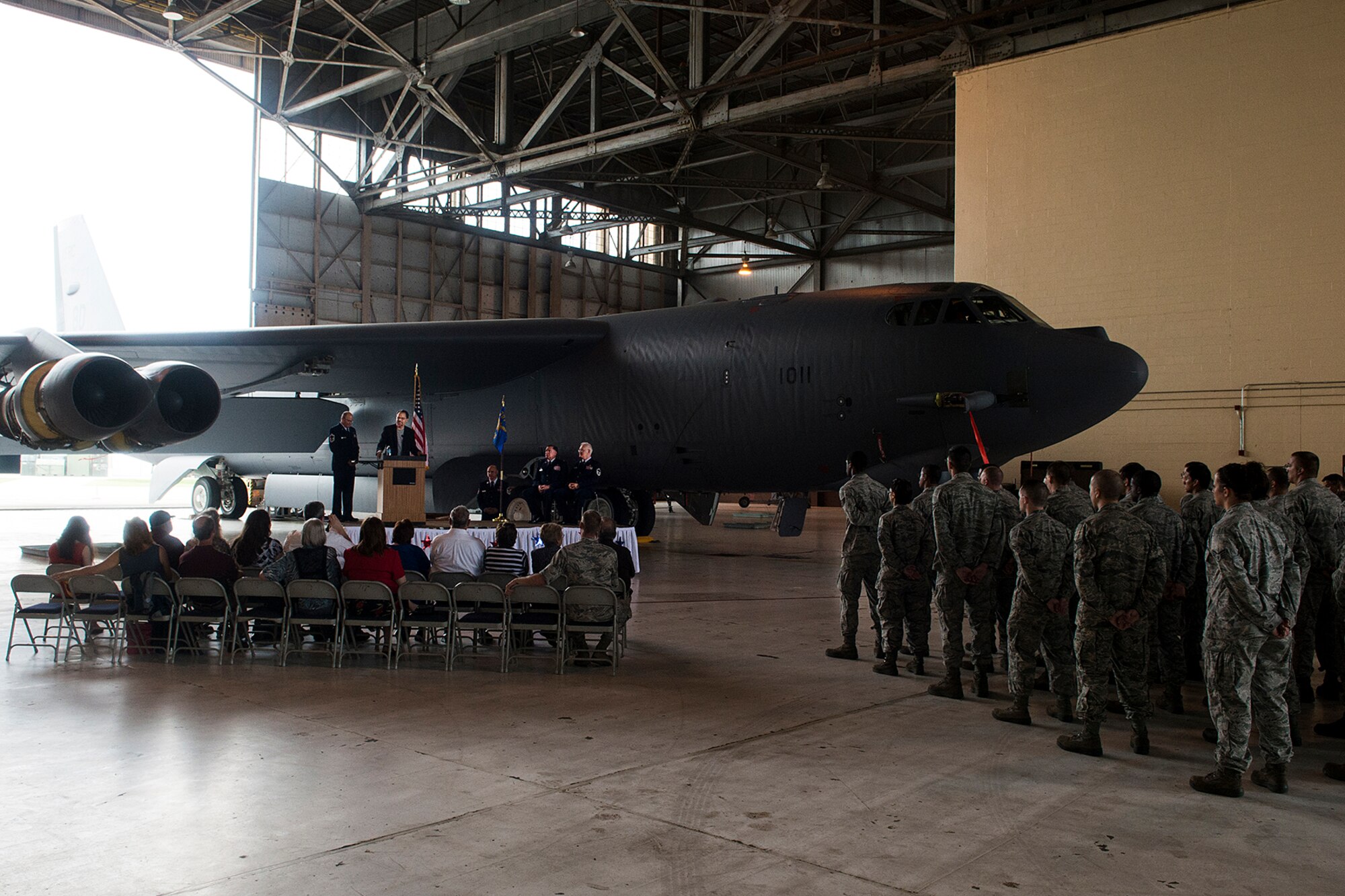 Family, friends, and military personnel attend the retirement ceremony for U.S. Air Force Master Sgt. Harold Agee, May 31, 2013, Barksdale Air Force Base, La. Agee is assigned to the 307th Maintenance Squadron and is retiring after 35 years of military service. (U.S. Air Force photo by Master Sgt. Greg Steele/Released)