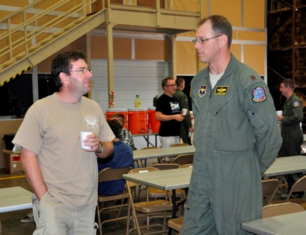 Maj. Cameron Curry (right), 80th Flying Training Wing, talks with a civilian pilot during the wing's 'Share the Air' Civilian Fly-In June 1, 2013 at Sheppard Air Force Base, Texas. (U.S. Air Force photo/Debi Smith)