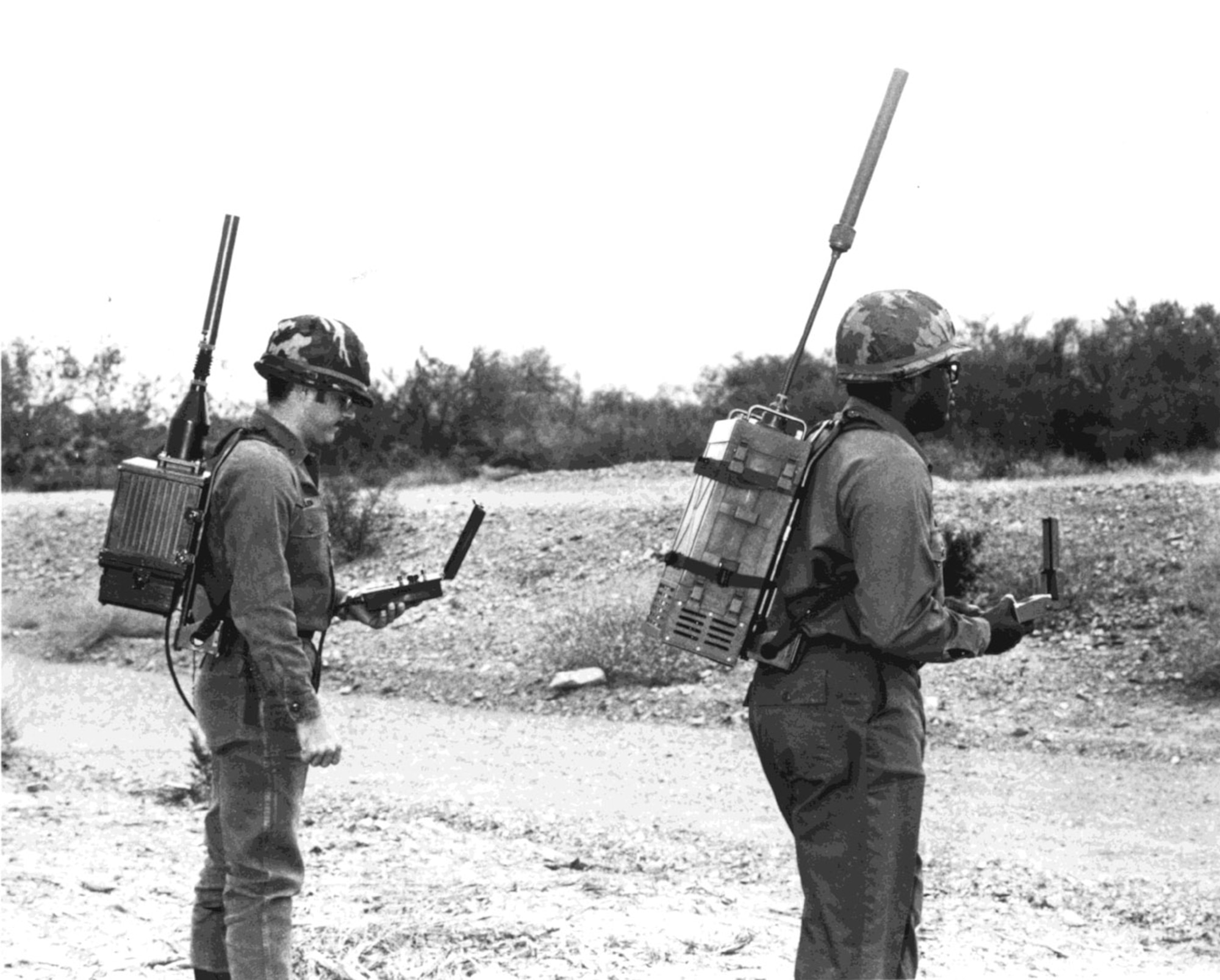 Two soldiers test early models of GPS manpack receivers in 1978. (USAF photo)