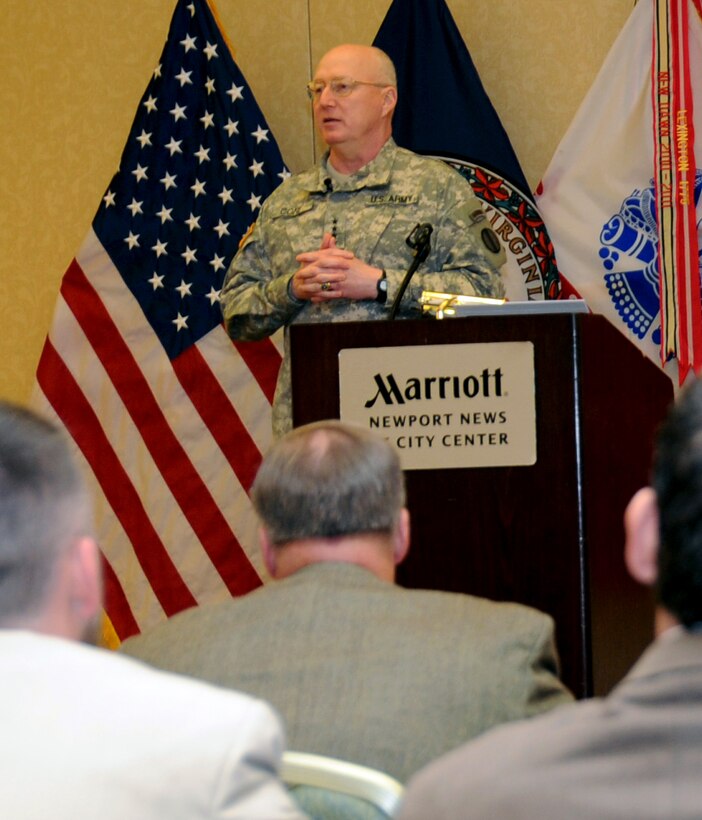 Gen. Robert W. Cone, commanding general of U.S. Army Training and Doctrine Command, speaks with members of the Virginia Colonial Chapter Association of the United States Army during the chapter's annual professional development forum in Newport News, Va., May 22. (U.S. Army photo by Staff Sgt. Steven Schneider/Released)