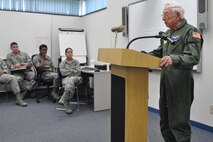 Honorary Brig. Gen. Fred Kubli Jr., honorary 910th Airlift Wing Commander, shares his World War II experiences with members of the 910th Medical Squadron here June 2, 2013. Ninety-three-year old Kubli, a U.S. Army veteran and Nazi concentration camp liberator in Ebensee, Austria, also briefed members of the 910th Security Forces squadron over the June Unit Training Assembly. To learn more about (Hon.) Brig. Gen. Fred Kubli Jr., visit http://www.youngstown.afrc.af.mil/news/story.asp?id=123334990 and http://www.youngstown.afrc.af.mil/shared/media/document/AFD-071024-014.pdf
 U.S. Air Force photo/Maj. Brent J. Davis
