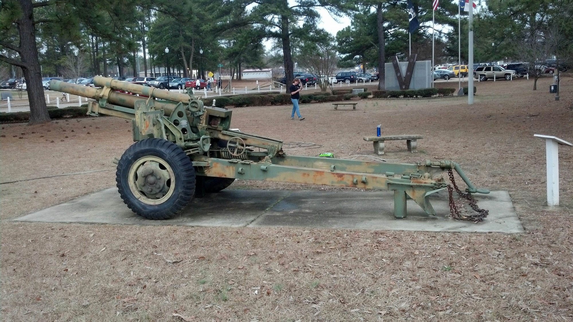 Volunteers from the 440th Maintenance Squadron, Junior Reserve Officer Training Corps. and civilians spent six weekends between December 2012 and April 2013 refurbishing this World War II M101A1 Howitzer 105 Millimeter cannon located at Veteran's Memorial Park in Hope Mills, N.C. This cannon can fire 30 rounds in three minutes, with projectile rounds weighing in at 33 pounds.(U.S. Air Force photo/Senior Airman Brandon Hamilton)