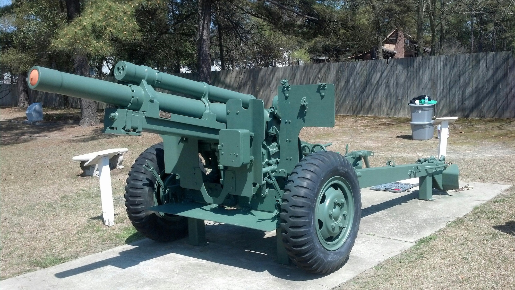This World War II Howitzer 105 millimeter cannon located at the Veteran’s Memorial Park in Hope Mills, N.C. was refurbished by volunteers from the 440th Maintenance Squadron, Junior Reserve Officer Training Corps. and civilians,. The Howitzer cannon weighs 4,880 pounds and has a firing range of 14,500 meters. (U.S. Air Force photo/Senior Airman Brandon Hamilton)