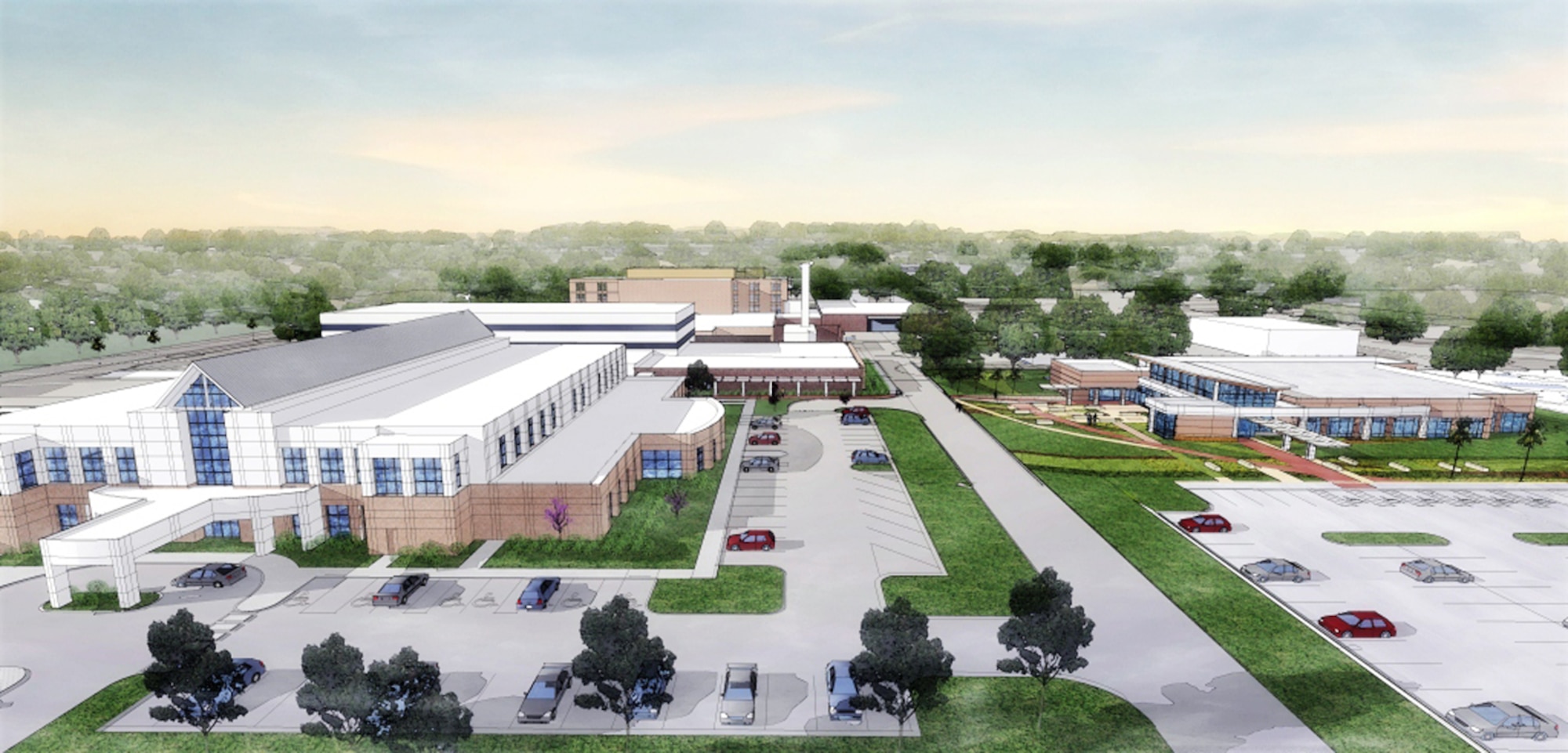 This rendering displays the layout and grounds of Eglin Hospital upon completion of current military construction projects scheduled to be completed by the end of summer. The 96th Medical Group complex will include a new and updated emergency department, a state-of-the-art hybrid operating room, updated specialty clinics and more. Construction for the entire hospital is due to be completed in December of 2014. (Courtesy Illustration/J.E. Dunn)