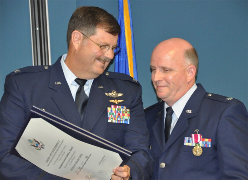 Lt. Col. Keith Howell (right) retired from the 916th Air Refueling Wing on June 2, 2013 with nearly 37 years of military service. Col. Greg Gilmour (left), wing commander, presided over the ceremony. (USAF photo by SSgt. Terrica Jones, 916ARW/PA)